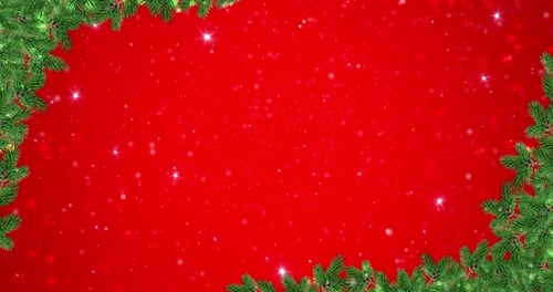 Festive Christmas Red Background Animation with Pine Branches and Falling Snow
