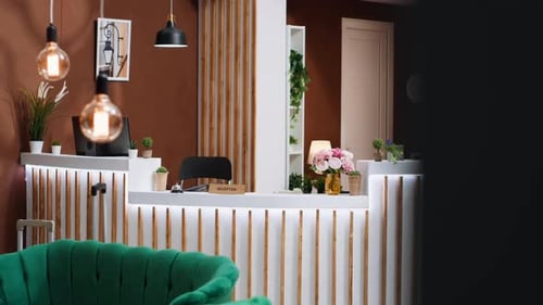 Expensive Hotel Reception with Empty Modern Front Desk