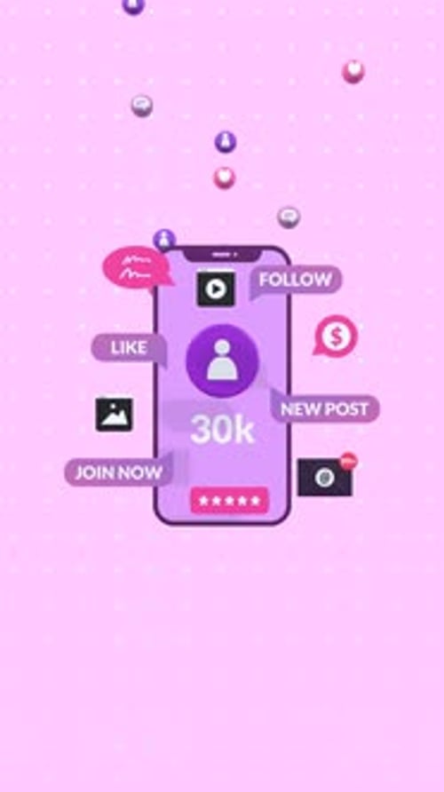 Vertical Animated Smartphone With Social Media Marketing Icons Representing Online Advertising.