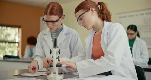 Girl, students and science exam with microscope for forensics, test or results in biology classroom