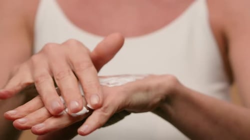 Close Up Female Wrinkled Hands Mature Old Woman Applying Moisturizing Cream Natural Beauty Antiaging