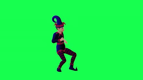 Funny clown elf dancing silly,isolated front angle on green screen