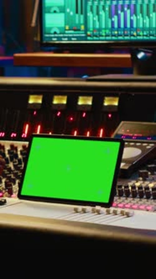 Vertical Video Professional Audio Technician Recording Tracks with Mockup on Tablet
