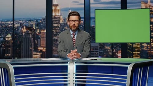 Male News Presenter Reporting in Broadcasting Studio Expert Anchor Man Talking