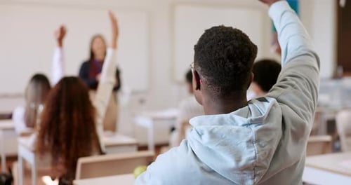 Teacher, students and questions in classroom for university for education, learning and school work