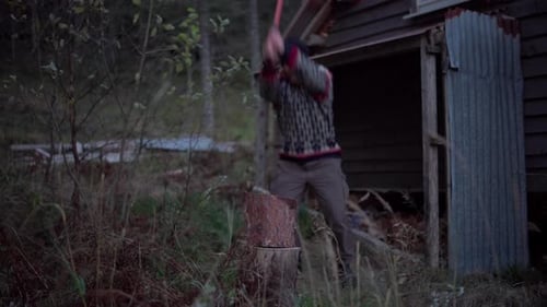 Man Chopping Wood Outdoors in Rural Setting