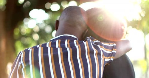 Husband embracing and kissing wife outside at park. Back view of African couple romantic moment