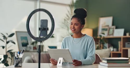 Phone, ring light and woman with live stream, tablet and content creation for social media webinar