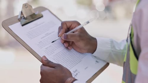 Black man, hands and writing on clipboard for checklist, contract or inspection in the city