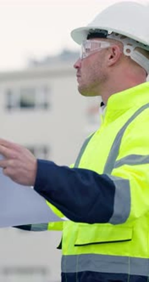 Engineer, blueprint and man with paper for city, planning and development of building with urban