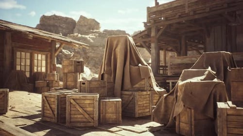 Detailed View of Wooden Crates Covered with Fabric in an Abandoned Western Town