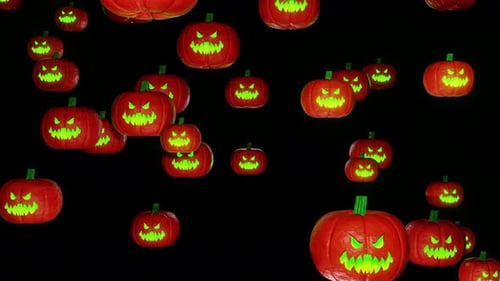 Halloween pumpkins fall down background 3d render. Sinister pumpkins with green glowing mouth