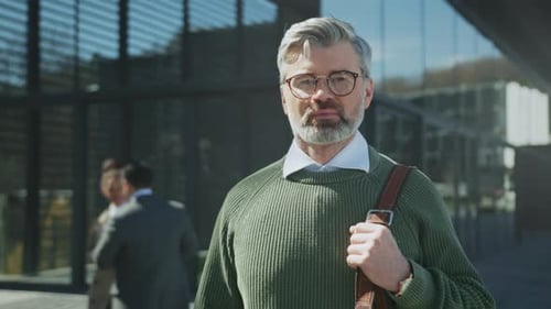 Selfassured Man on Corporate Campus Captured Professional Male in Casual Dress on Modern Office