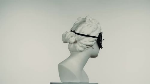 Closeup Shot Ancient Marble Bust Statue of Roman Era Woman in Black Mask Spinning Round on a