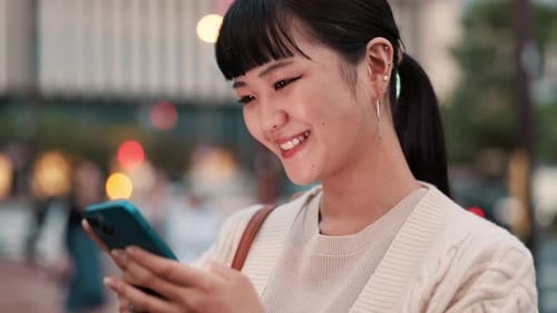 Professional, woman and laughing with phone in city for funny text message