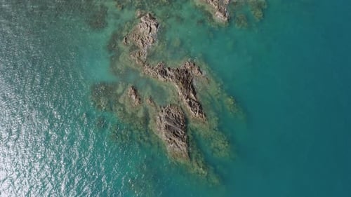 Arrecife tropical poco profundo con rocas que sobresalen del océano