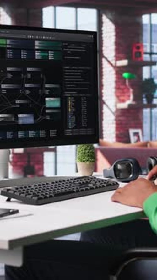 Vídeo vertical: un desarrollador de software afroamericano se dedica a la codificación visual y a la creación de software