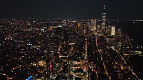 An aerial view of a city at night