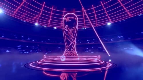 Neon Wireframe World Cup Trophy Animation in Stylized Stadium