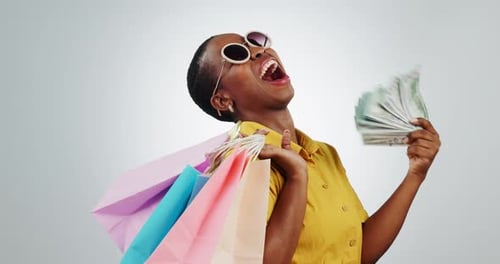 Winner, shopping bag and money with face of black woman in studio for giveaway