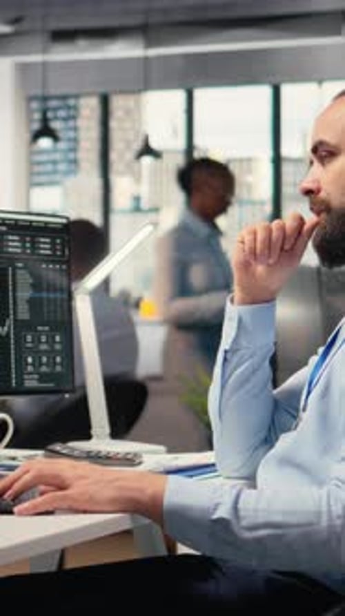Vertical Video Trader in Office Closing Eyes to Do Daydreaming Visualizing Financial Success