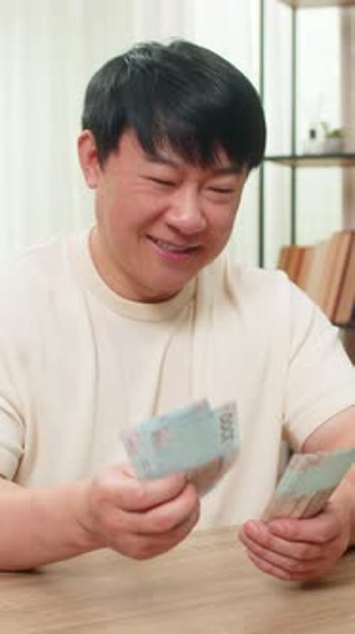 Asian Happy Man Counting Money Hryvnia Cash Pleased with Earned Income Celebrates Big Financial Gain