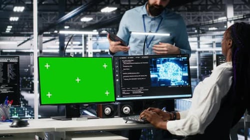 Female Programmer Talking with Manager in AI Data Center Using Mockup PC