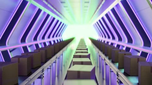 3D-Animationsschleife von Kartons auf einem Fördersystem in einer modernen Fabrik