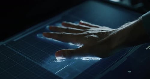 Futuristic digital processing of biometric fingerprint scanner. Concept of surveillance and securi