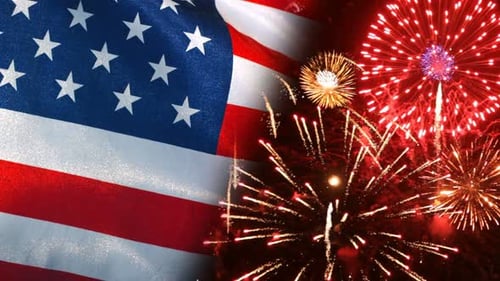 Waving USA Flag with Fireworks Display in the Night