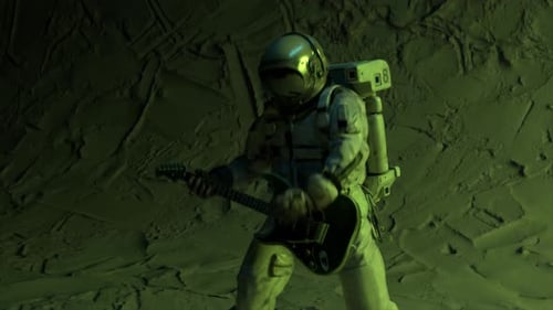 Futuristic Astronaut Rocking Electric Guitar in Abstract Space