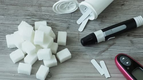 Diabetes-Tests. Zuckerwürfel auf dem Tisch.