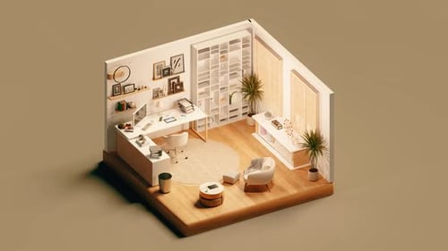 Isometric View of Interior of Modern Study Room in Cartoon Style 3d Isometric Loop