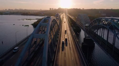 Highway Bridge Road with Car Traffic in the Evening Aerial View From Above