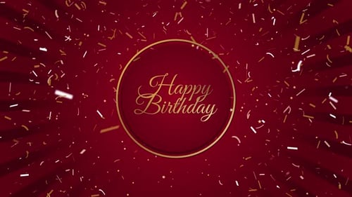 Golden Happy Birthday Text Reveal with Confetti on Red