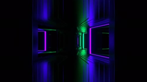 VJ Loop In 4K für Spiegel mit Korridor-Hintergrund, mit Strobe-Rahmen, Violett und Türkis