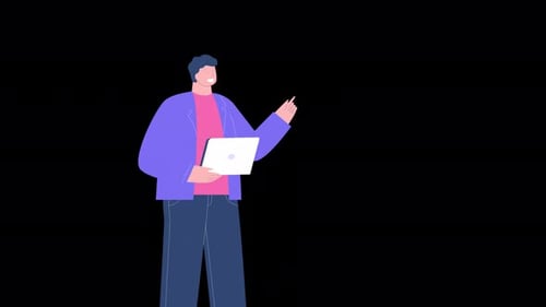 Flat Design Man Pointing with Laptop Presentation Animation