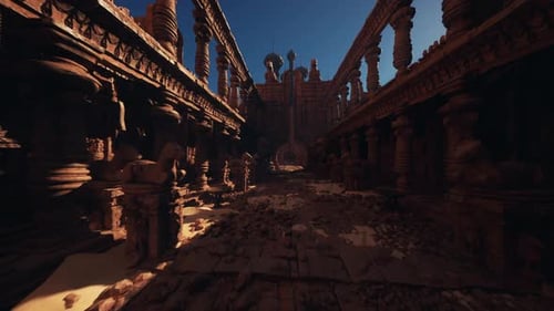 Desolate Temple Hall Under Warm Sunset Illuminating Weathered Stone