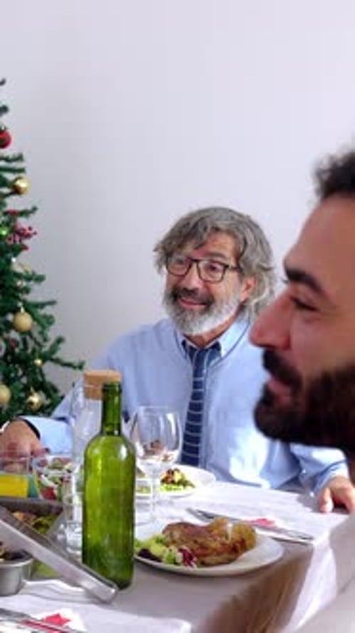 Family Dinner Celebration by a Christmas Tree