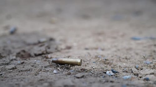 Empty cartridge without projectile on ground, blank bullet at shooting range
