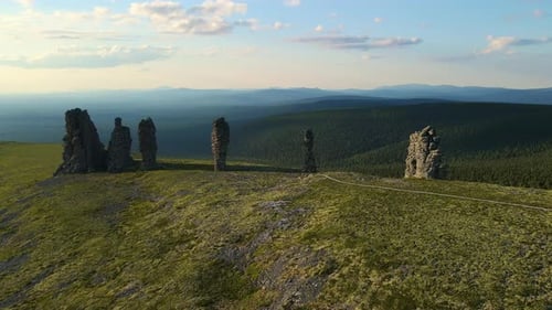 Aerial Weathered Stone Pillars on the Manpupuner Plateau