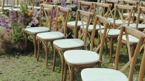 Row of Wooden Chairs on Grassy Field Blending with Natural Landscape Wedding Day
