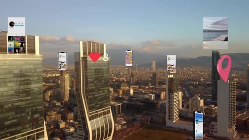 Futuristic city connected to social media. High tech vision of Izmir. Augmented reality.