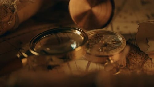 Vintage Map with Compass and Magnifying Glass