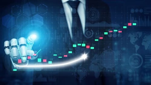 Businessman with robotic hand analyzing stock market trends and financial growth with digital graphs
