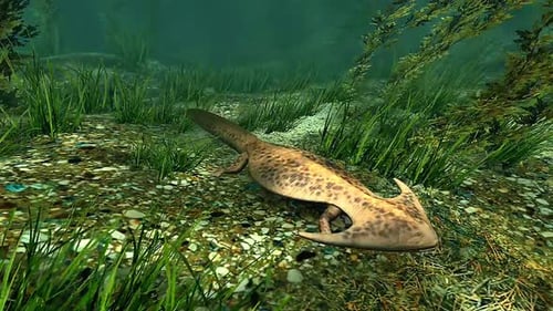 Animated Prehistoric Amphibian Walking on an Underwater Seabed
