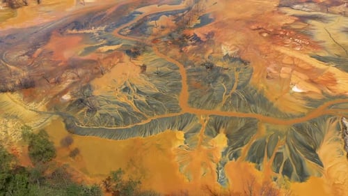 Aerial view of colorful natural water patterns. Mining water pollution, environmental pollution