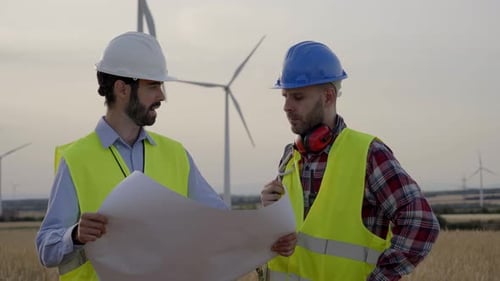 Two Wind Engineers Wearing Vests and Helmets Look at Plans of Wind Turbine System in Field
