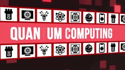 Quantencomputerkonzept mit Icons auf digitalem Hintergrund