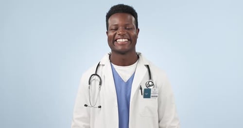 Laugh, doctor and happy black man in studio for medical service, care and support for hospital